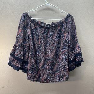 Solitaire Anthropologie Top Floral 3/4 Balloon Sleeve Crochet Lace Blouse Boho M